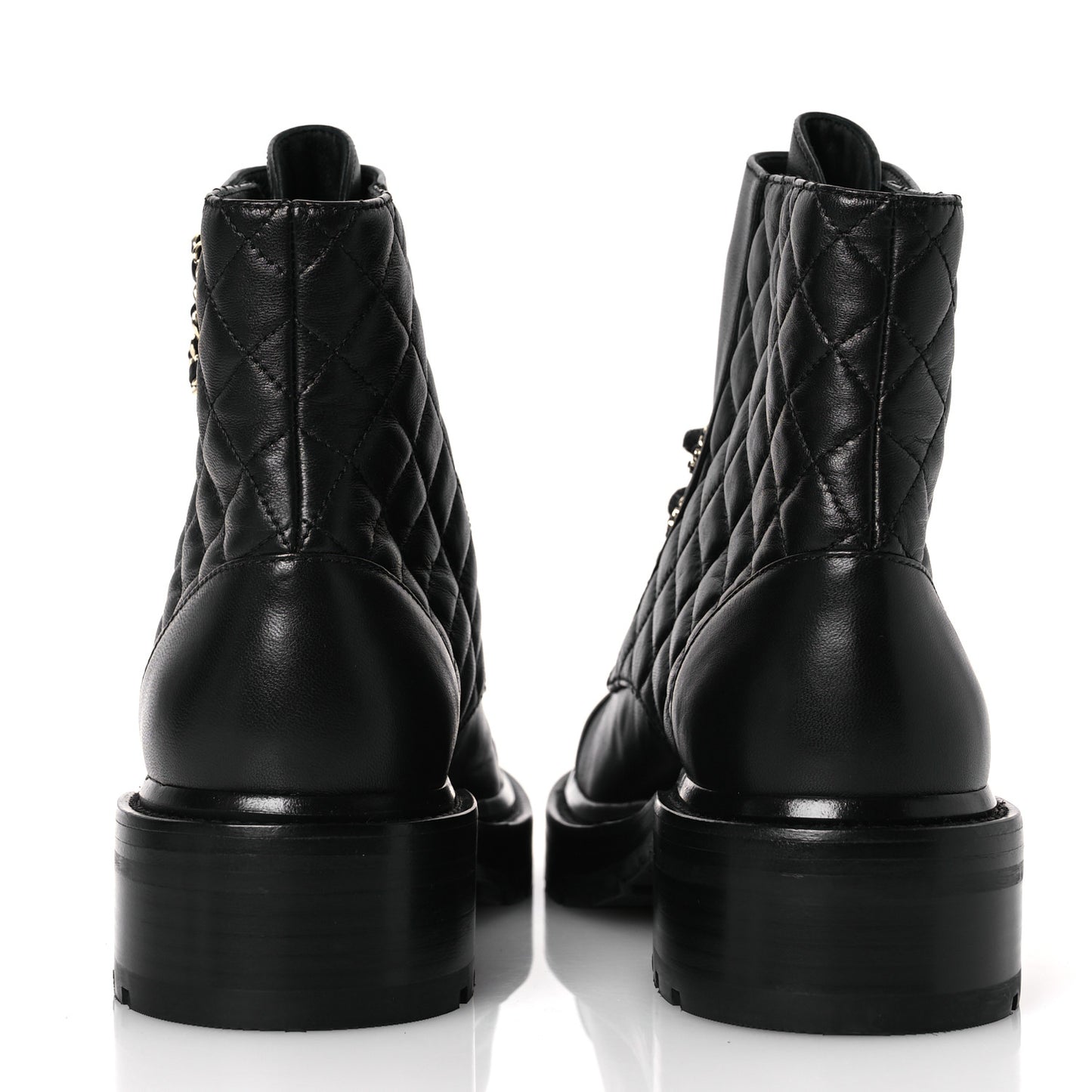 Shiny Lambskin Quilted Lace Up Combat Boots 38.5 Black