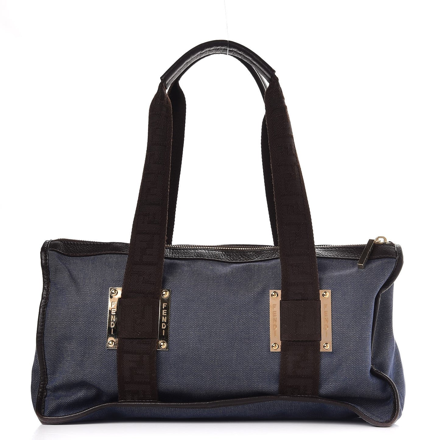 Denim Zip Top Tote Blue Brown