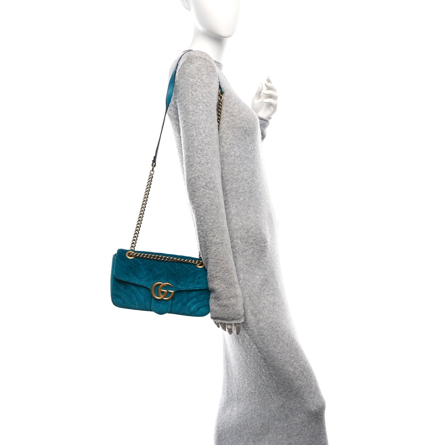 Velvet Matelasse Small GG Marmont Shoulder Bag Pavone Cyan
