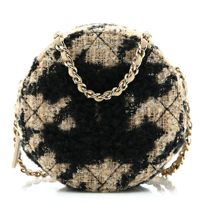 Chanel Tweed Shearling Quilted Round Clutch With Chain and Coin Purse Beige Black 1 of 11