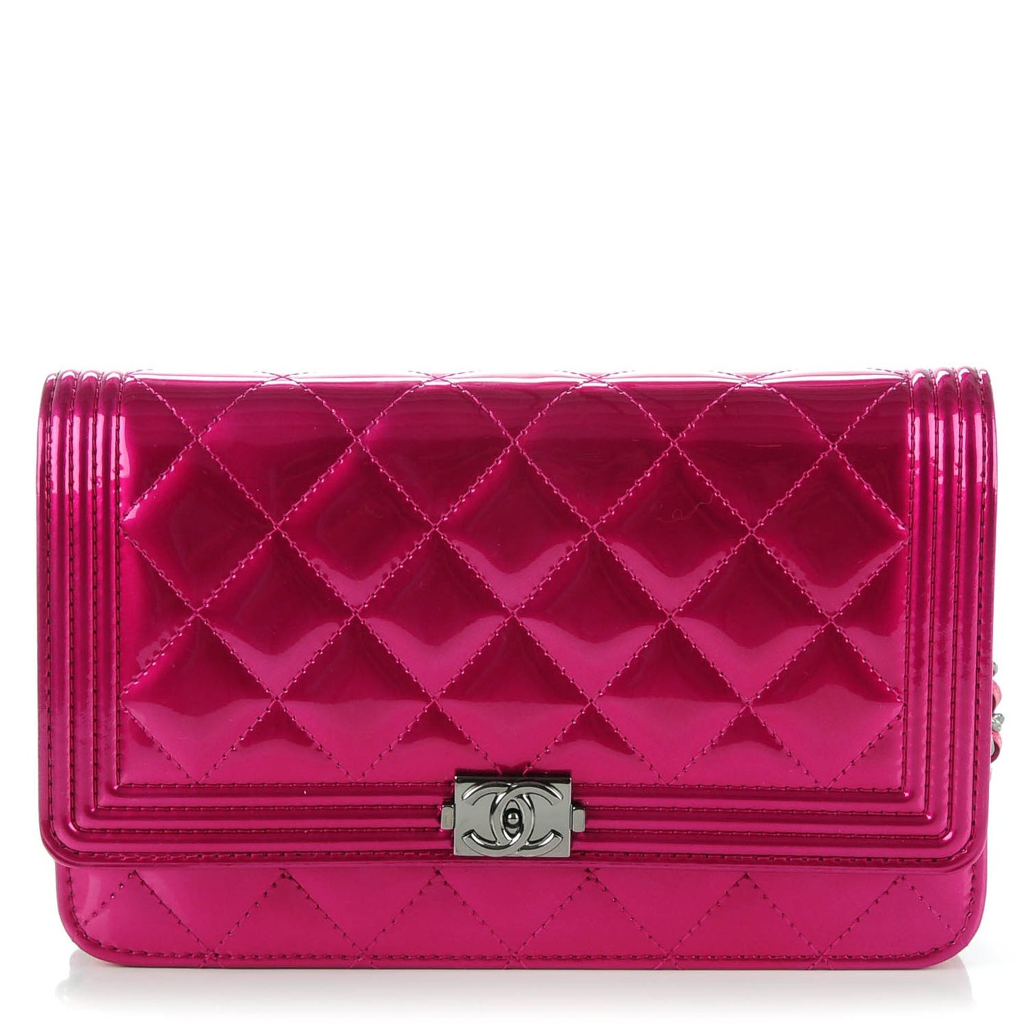 Patent Calfskin Quilted Boy Wallet On Chain WOC Fuchsia