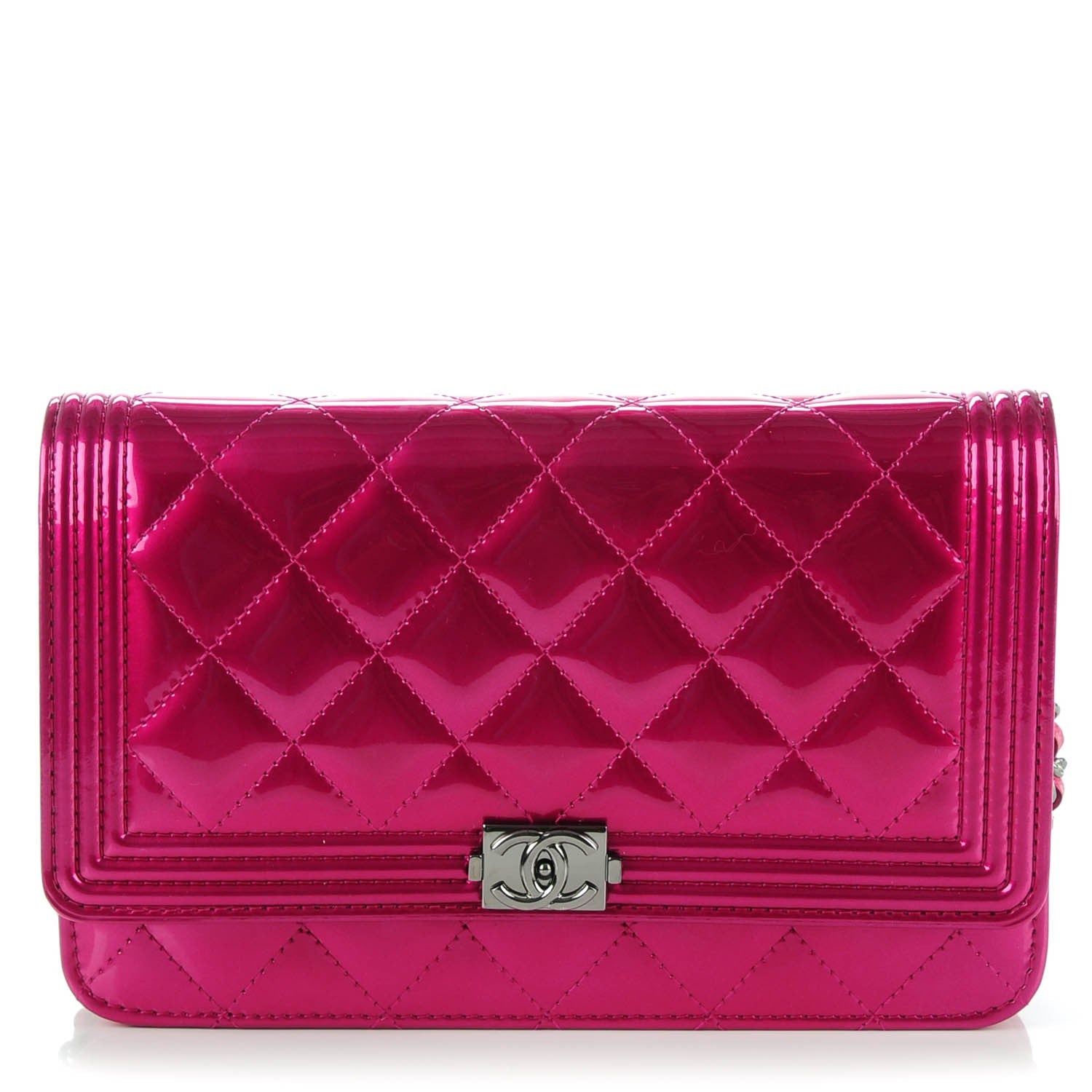 Chanel Patent Calfskin Quilted Boy Wallet On Chain WOC Fuchsia 1 of 8
