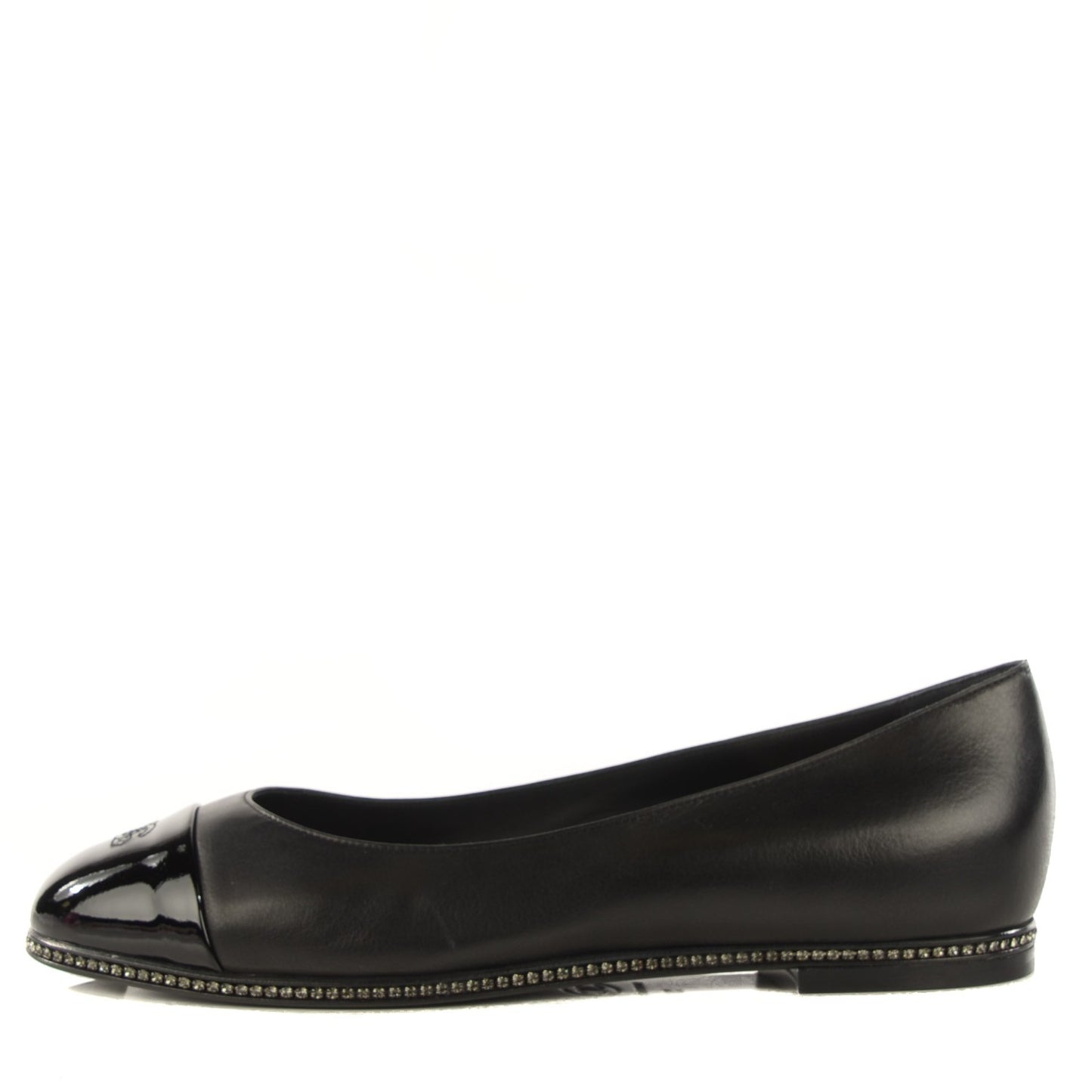 Patent Lambskin Crystal CC Cap Toe Ballerina Flats 38 Black