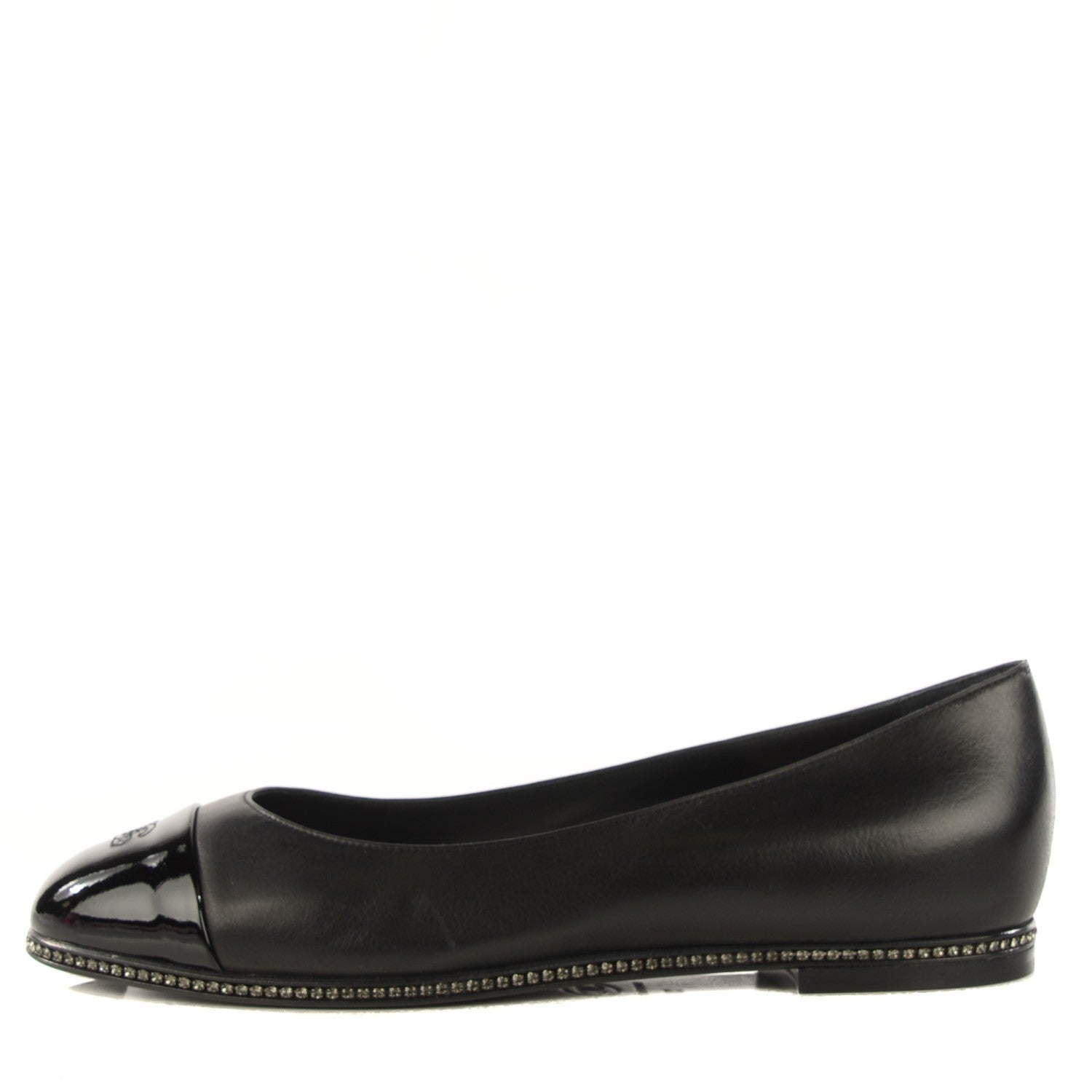 Chanel Patent Lambskin Crystal CC Cap Toe Ballerina Flats 38 Black 1 of 8