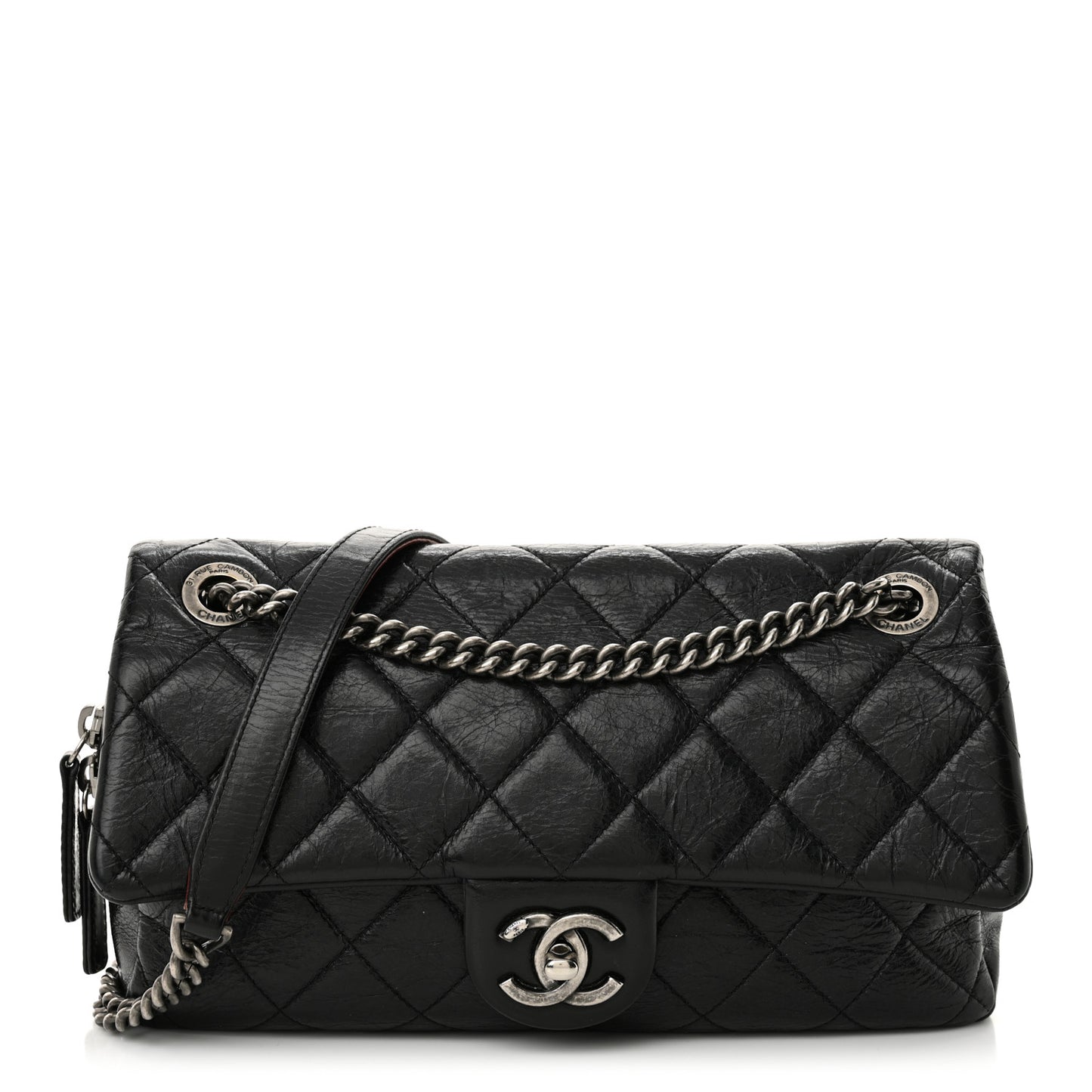 Glazed Calfskin Quilted Medium Duo Color Flap Black