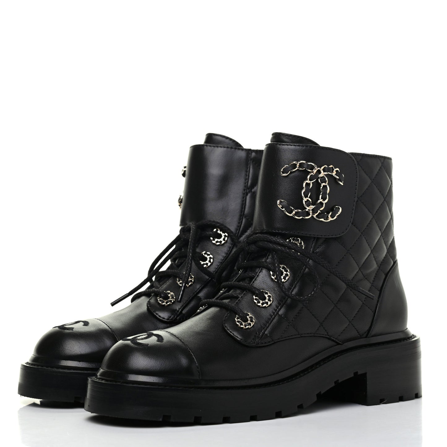 Shiny Lambskin Quilted Lace Up Combat Boots 36.5 Black