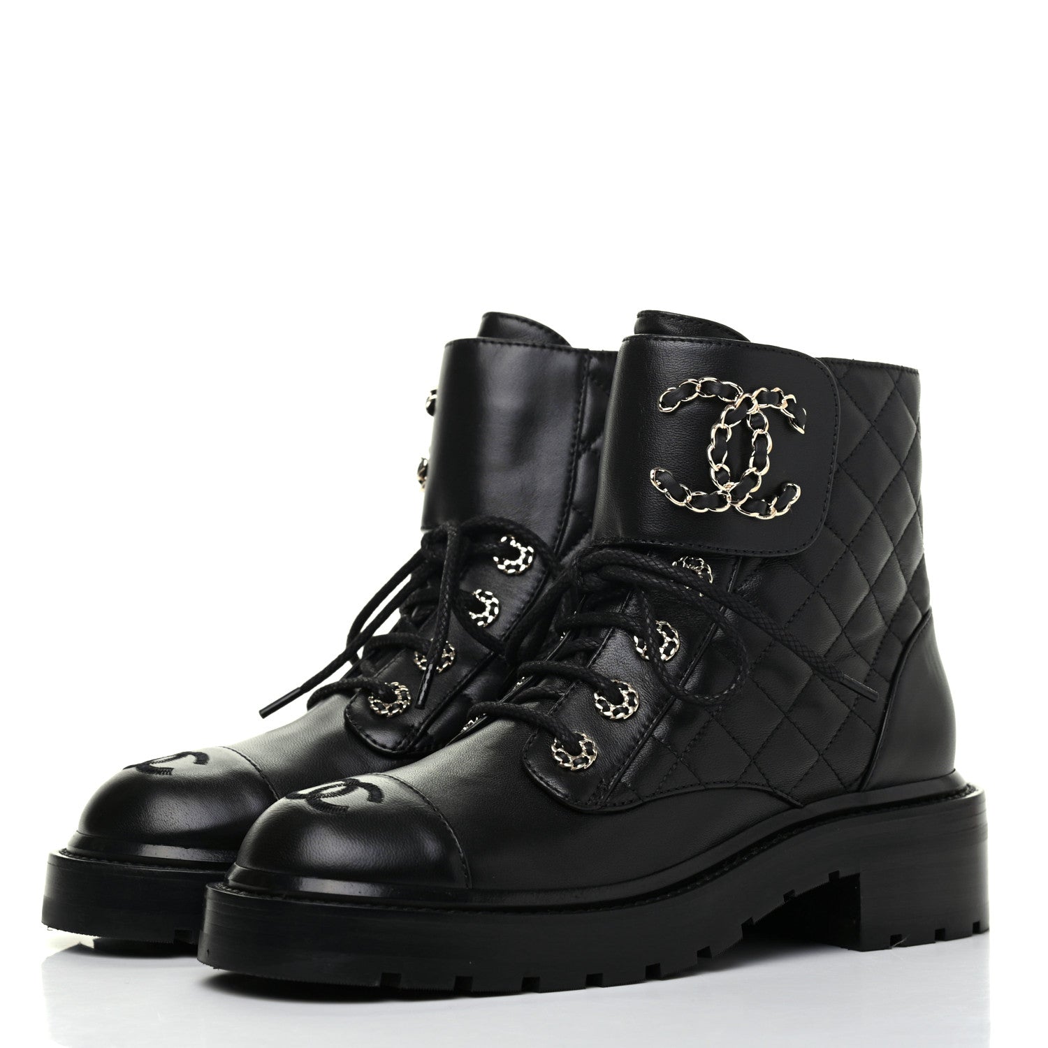 Chanel Shiny Lambskin Quilted Lace Up Combat Boots 36.5 Black 3 of 13