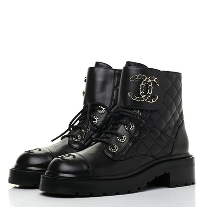 Chanel Shiny Lambskin Quilted Lace Up Combat Boots 36.5 Black 3 of 13