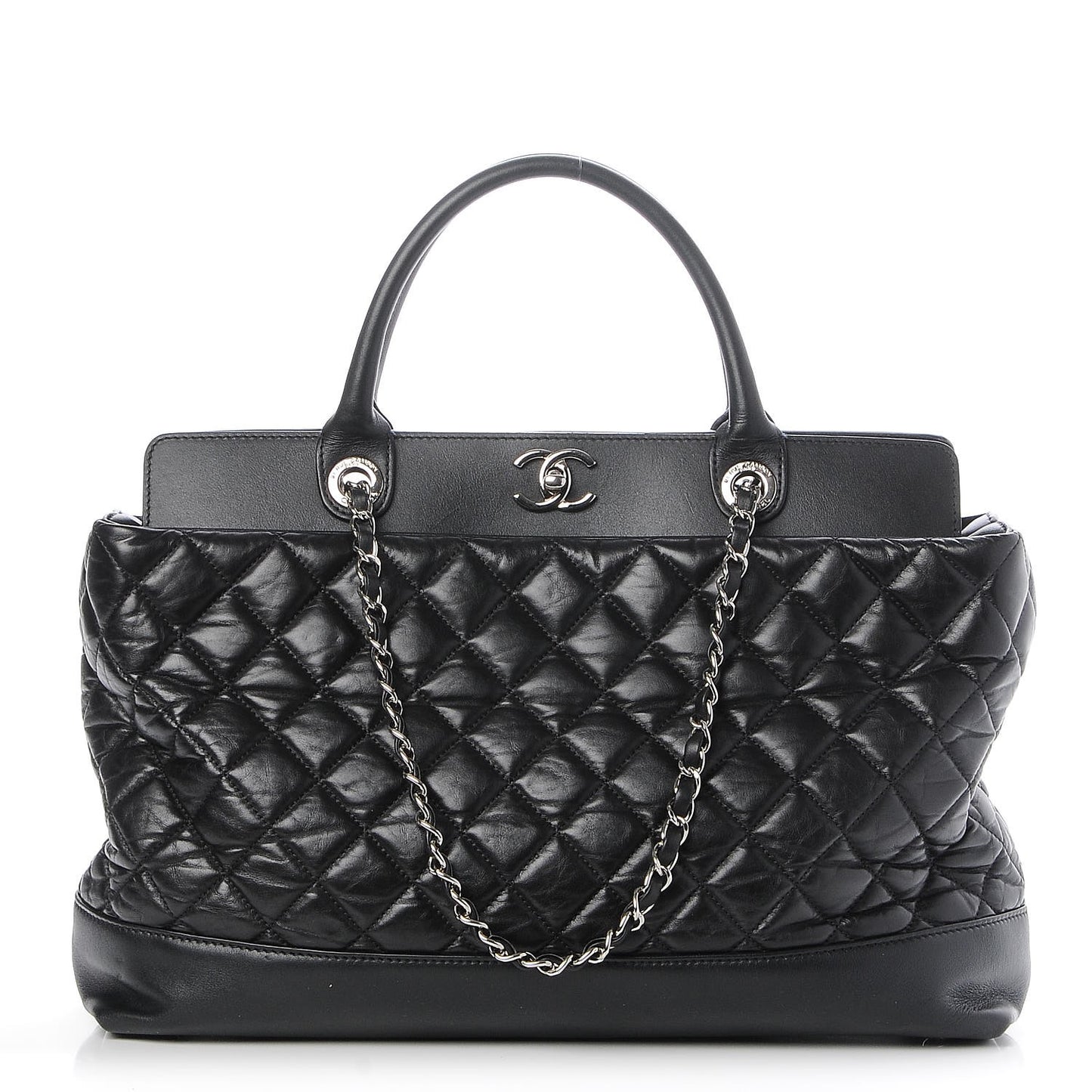 Aged Calfskin Quilted Be CC Tote Black