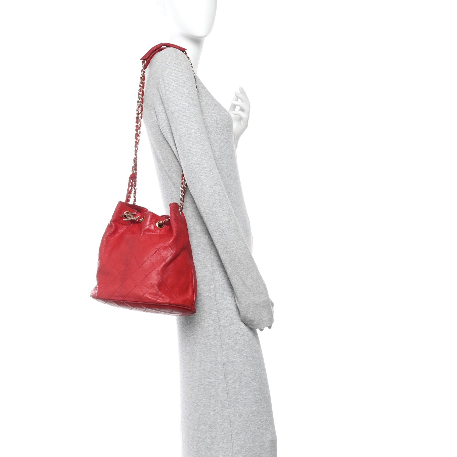 Chanel Lambskin Diamond Stitched CC Drawstring Shoulder Bag Red 2 of 16