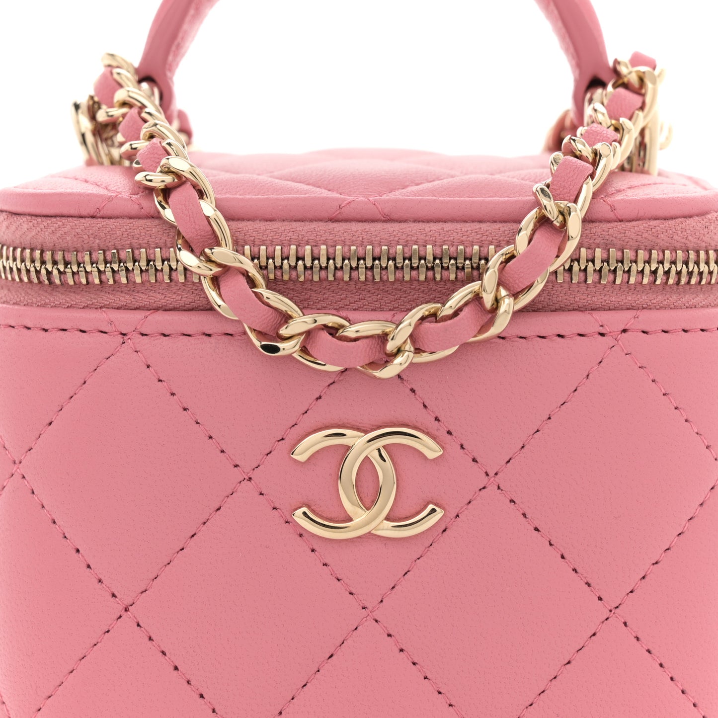 Lambskin Quilted Top Handle Mini Vanity Case With Chain Pink