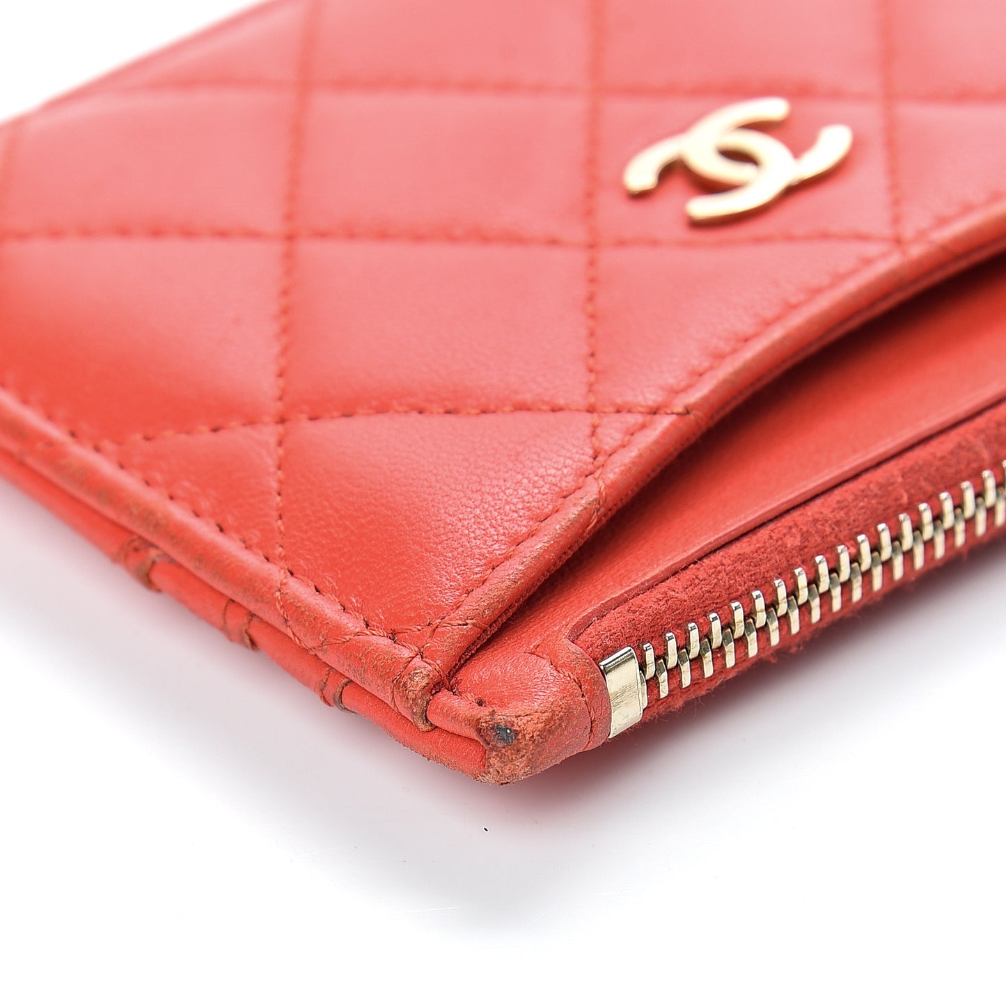 Lambskin Quilted Zip Card Holder Red