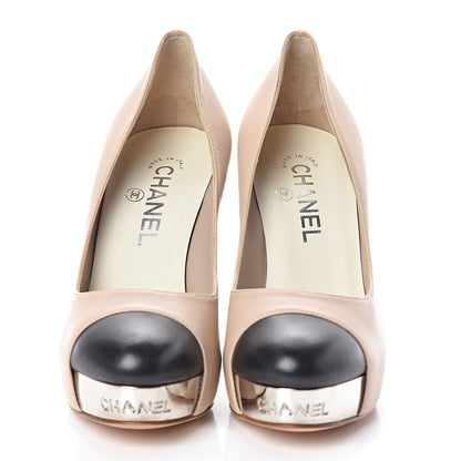 Chanel Lambskin Cap Toe CC Platform Pumps 36.5 Beige Black 2 of 9