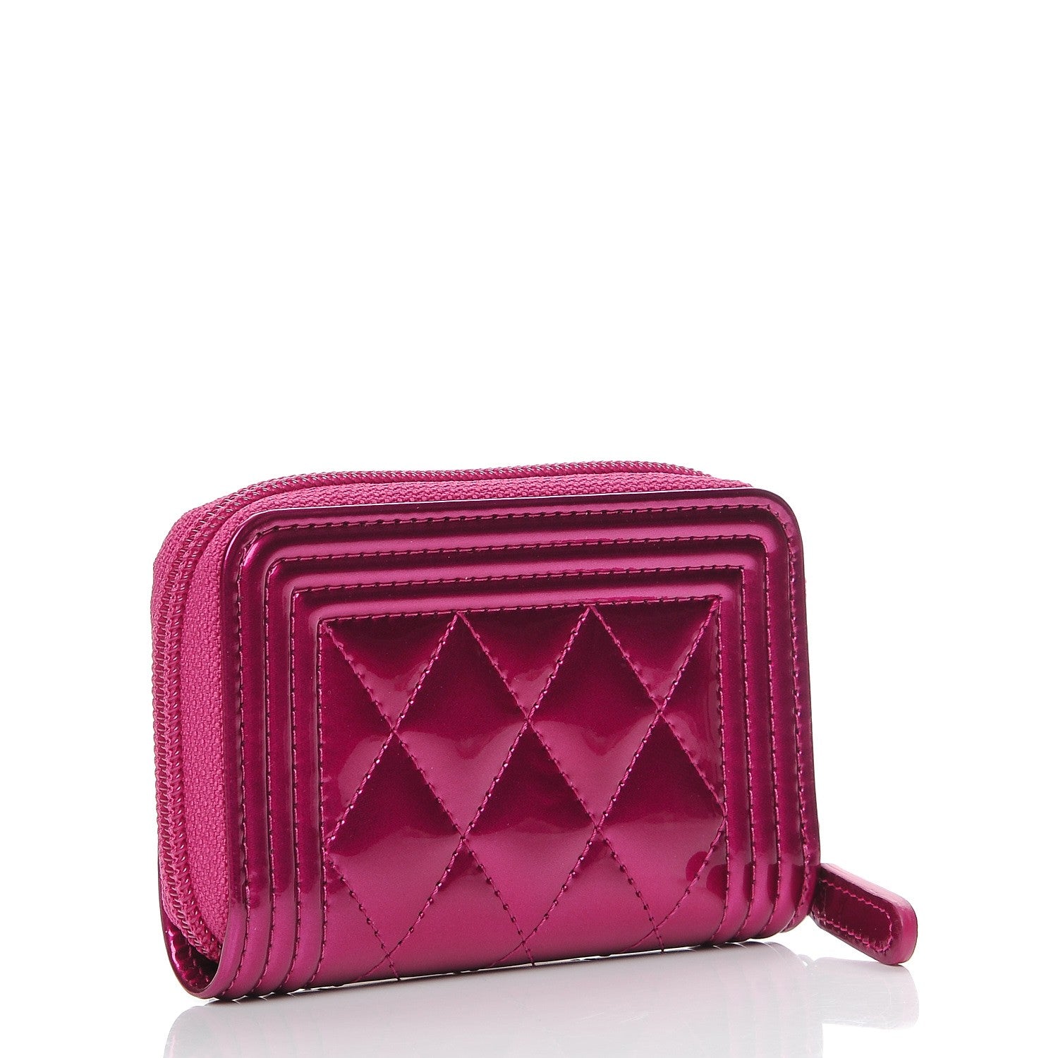 Chanel Metallic Patent Quilted Zip Around Boy Coin Purse Wallet Fuchsia 3 of 8