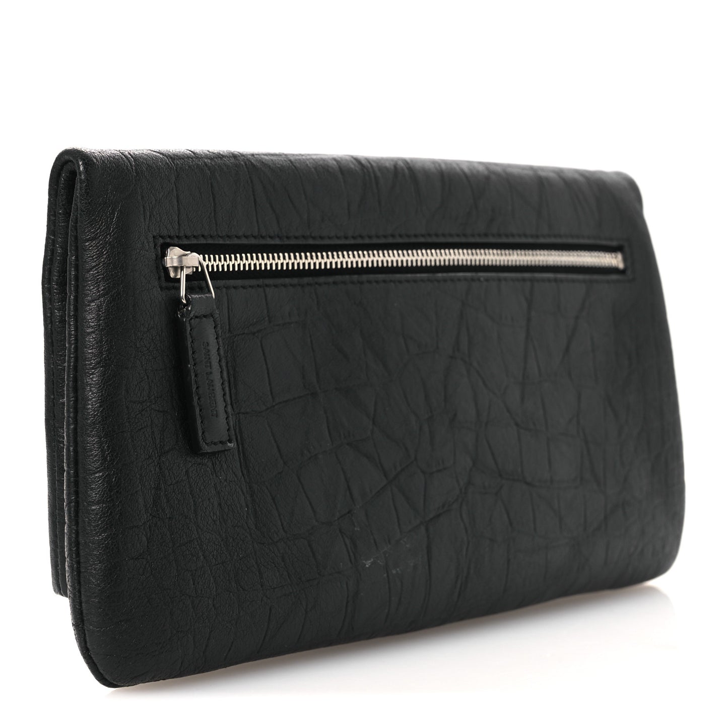 Calfskin Crocodile Embossed West Hollywood Monogram Fold Over Clutch Black