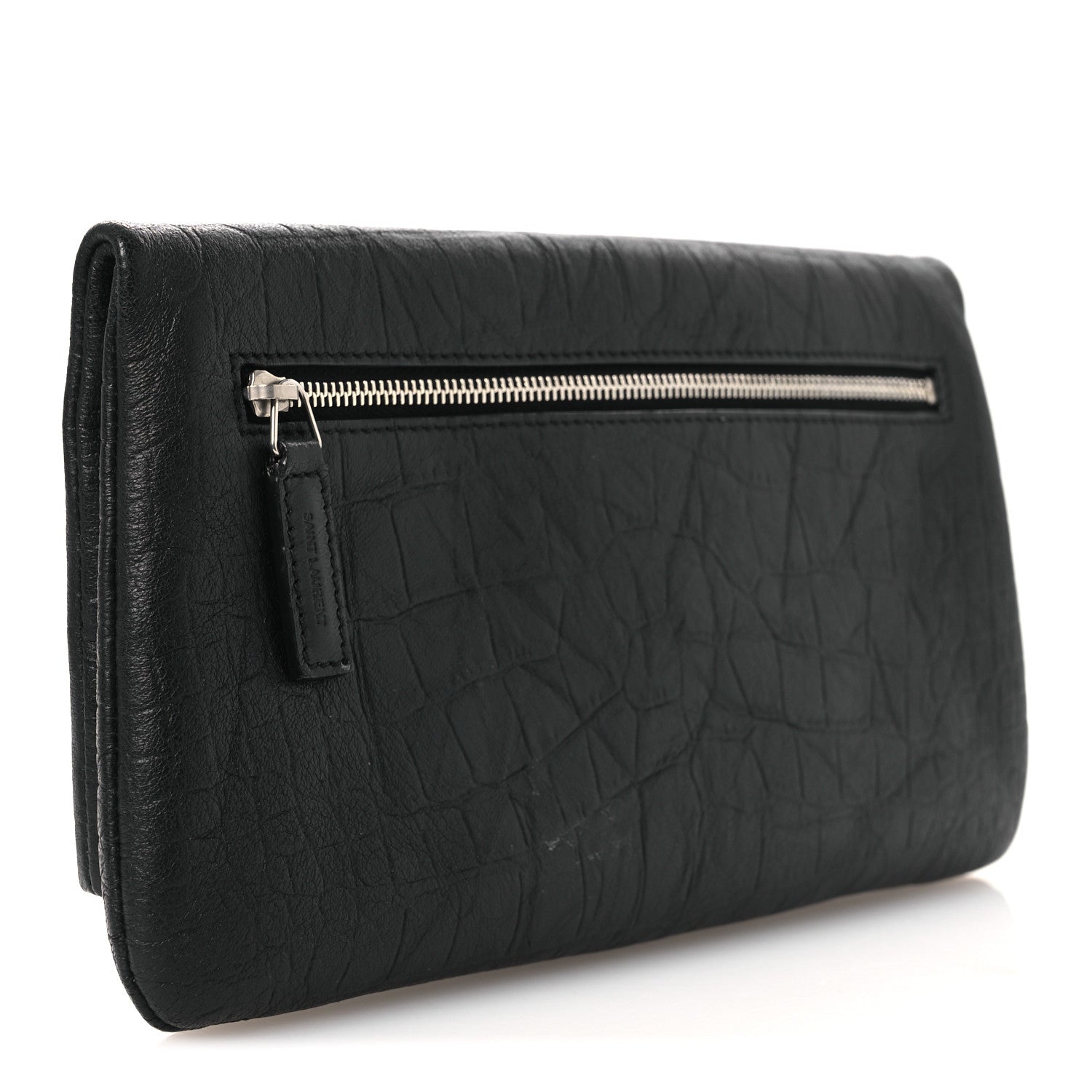 Saint Laurent Calfskin Crocodile Embossed West Hollywood Monogram Fold Over Clutch Black 3 of 8