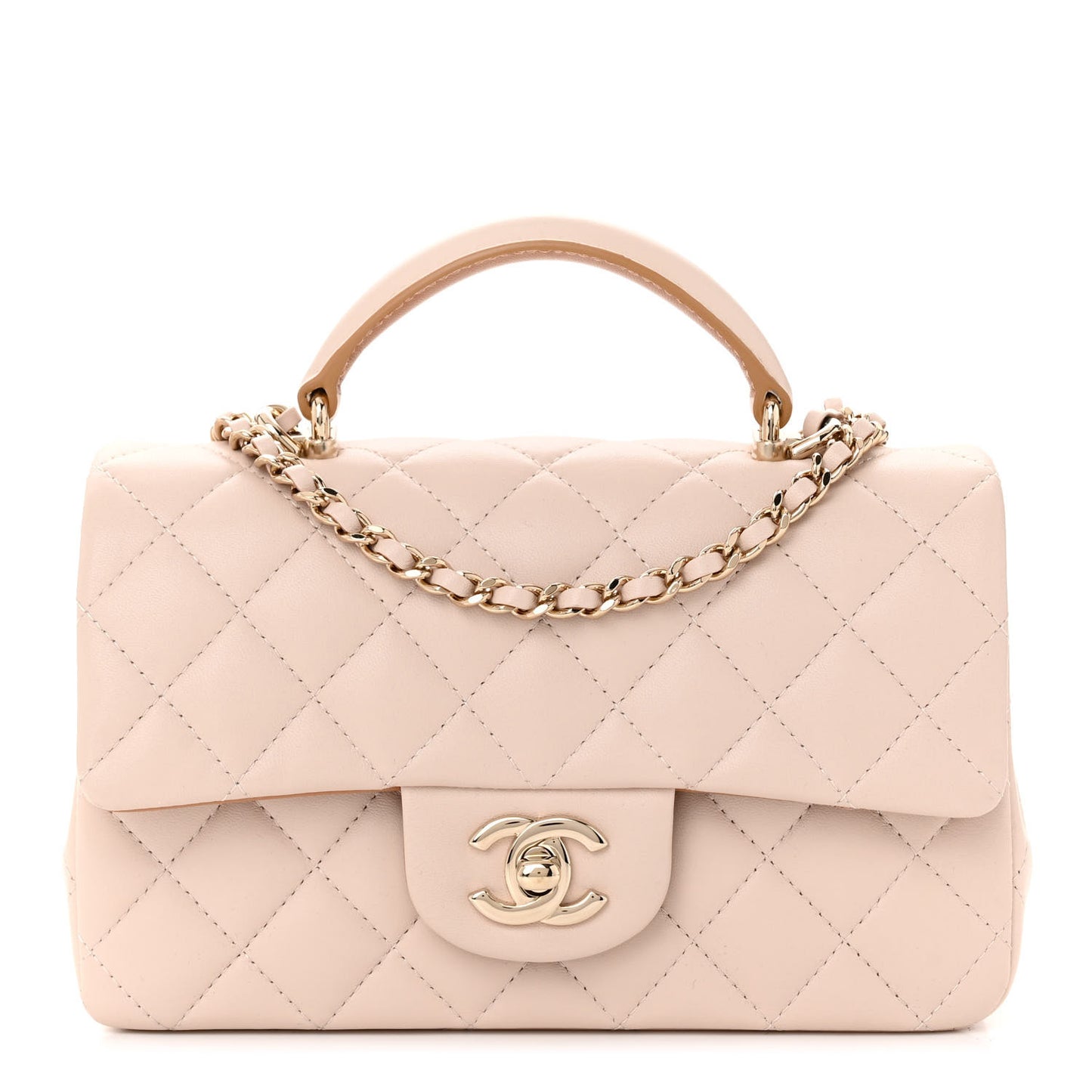 Lambskin Quilted Bi-Color Mini Top Handle Rectangular Flap Ecru Dark Beige
