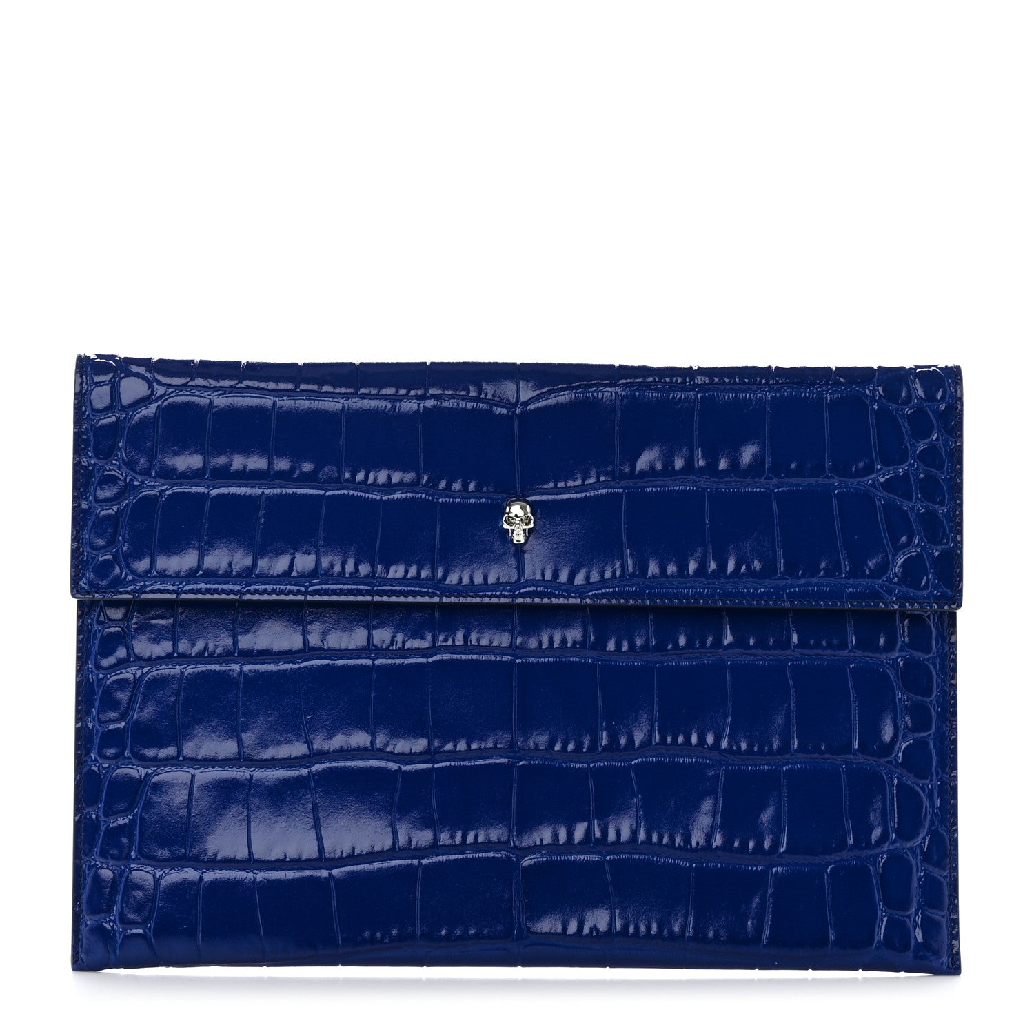 Alexander McQueen Calfskin Crocodile Embossed Skull Envelope Clutch Blue 1 of 7