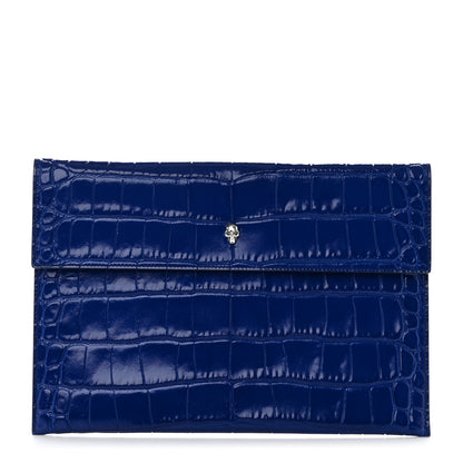 Alexander McQueen Calfskin Crocodile Embossed Skull Envelope Clutch Blue 1 of 7