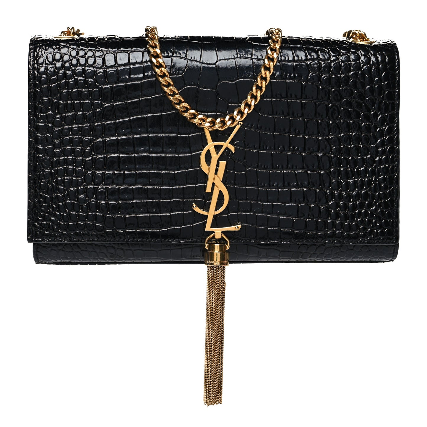 Calfskin Crocodile Embossed Medium Classic Monogram Kate Tassel Satchel Black