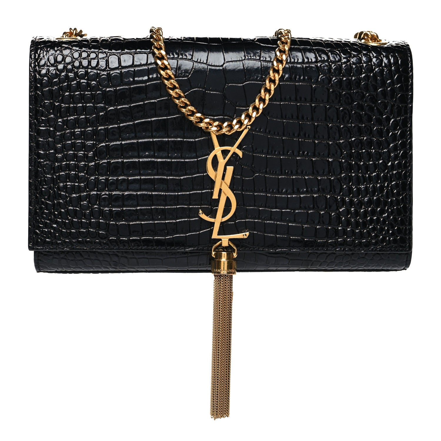 Saint Laurent Calfskin Crocodile Embossed Medium Classic Monogram Kate Tassel Satchel Black 1 of 10