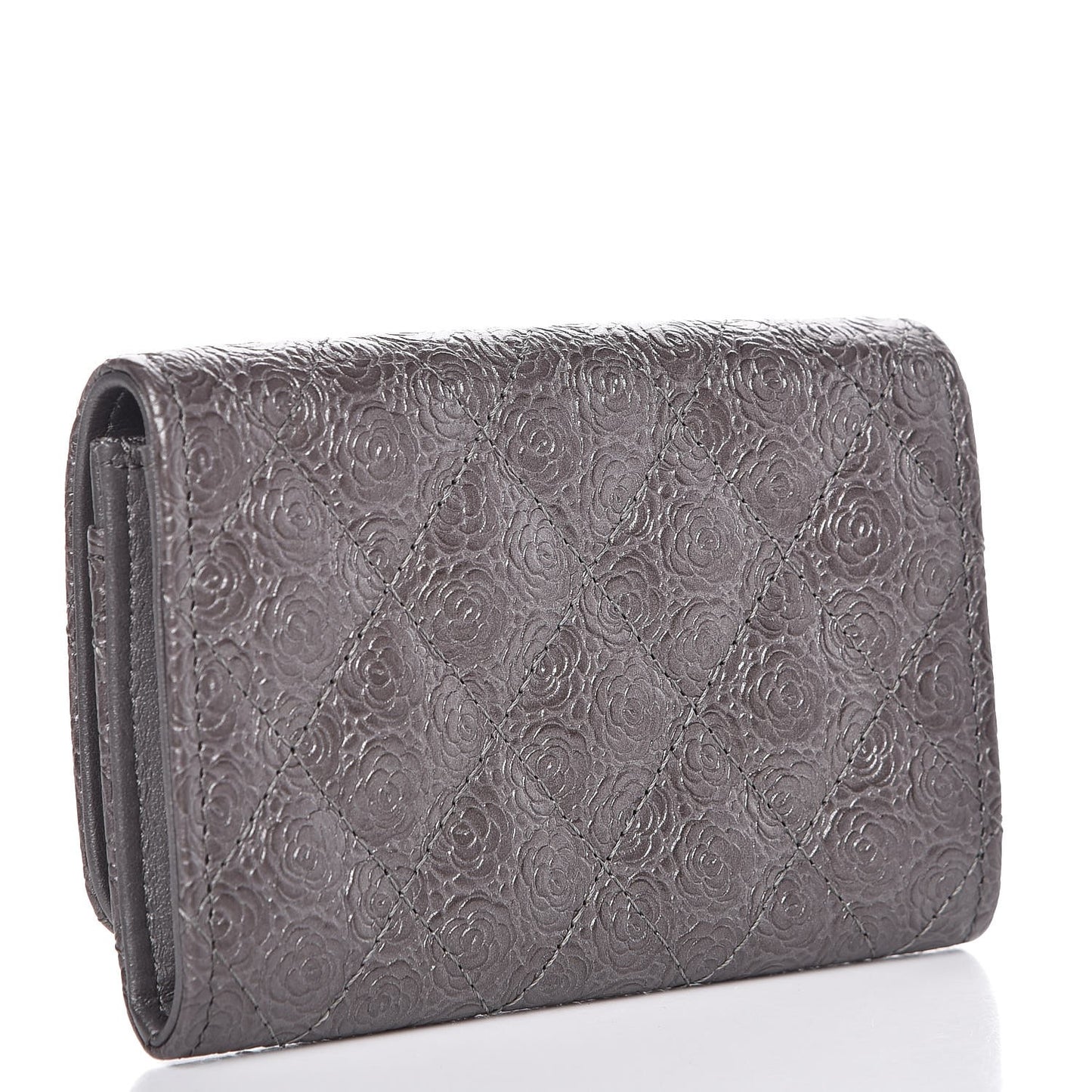 Metallic Camellia Calfskin Embossed Quilted Card Holder Grey