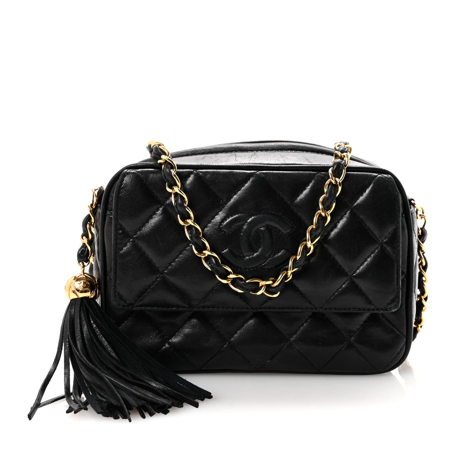 Lambskin Quilted Tassel Camera Case Black Black