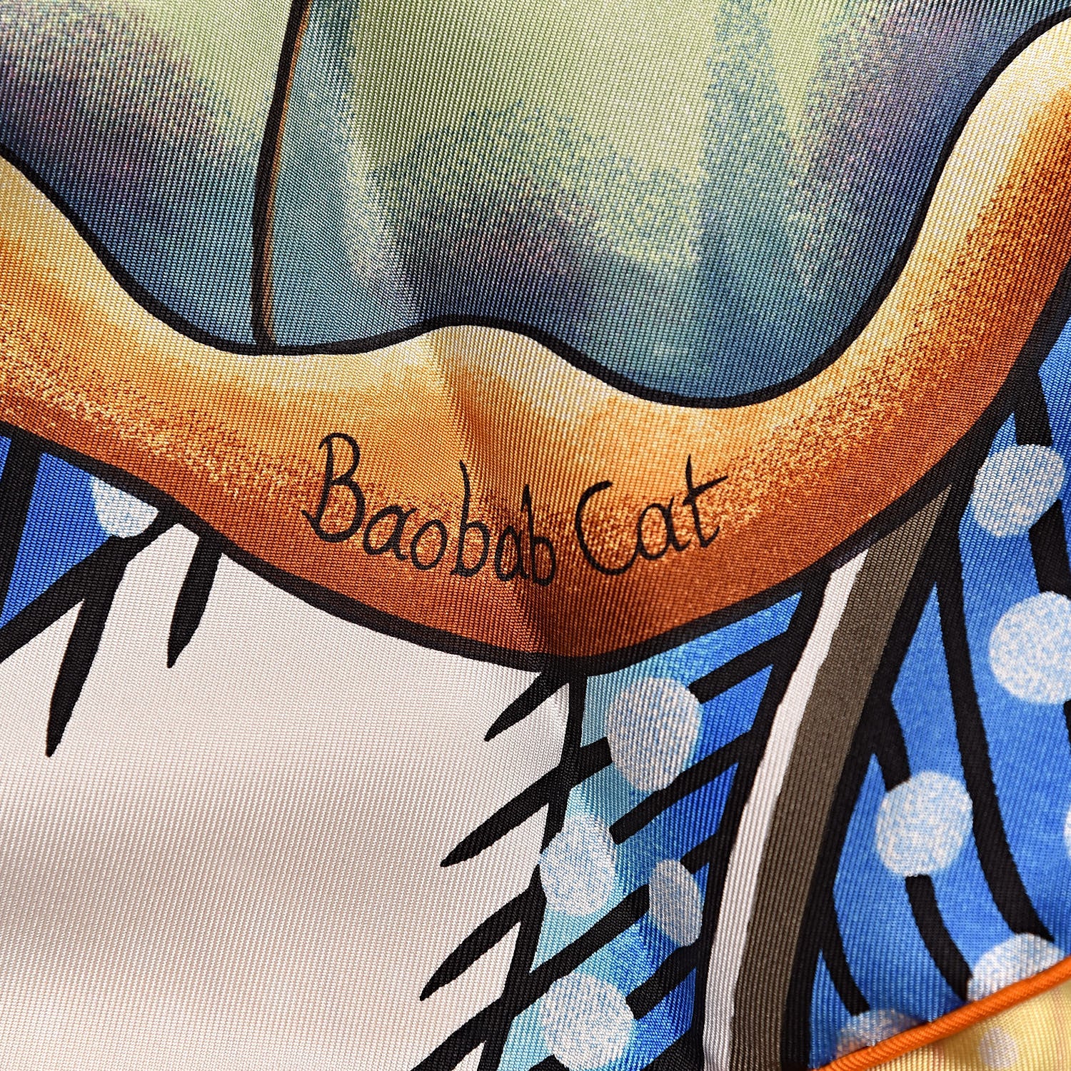 Hermes Silk Baobab Cat Scarf 90 White Bleu Jaune 6 of 7