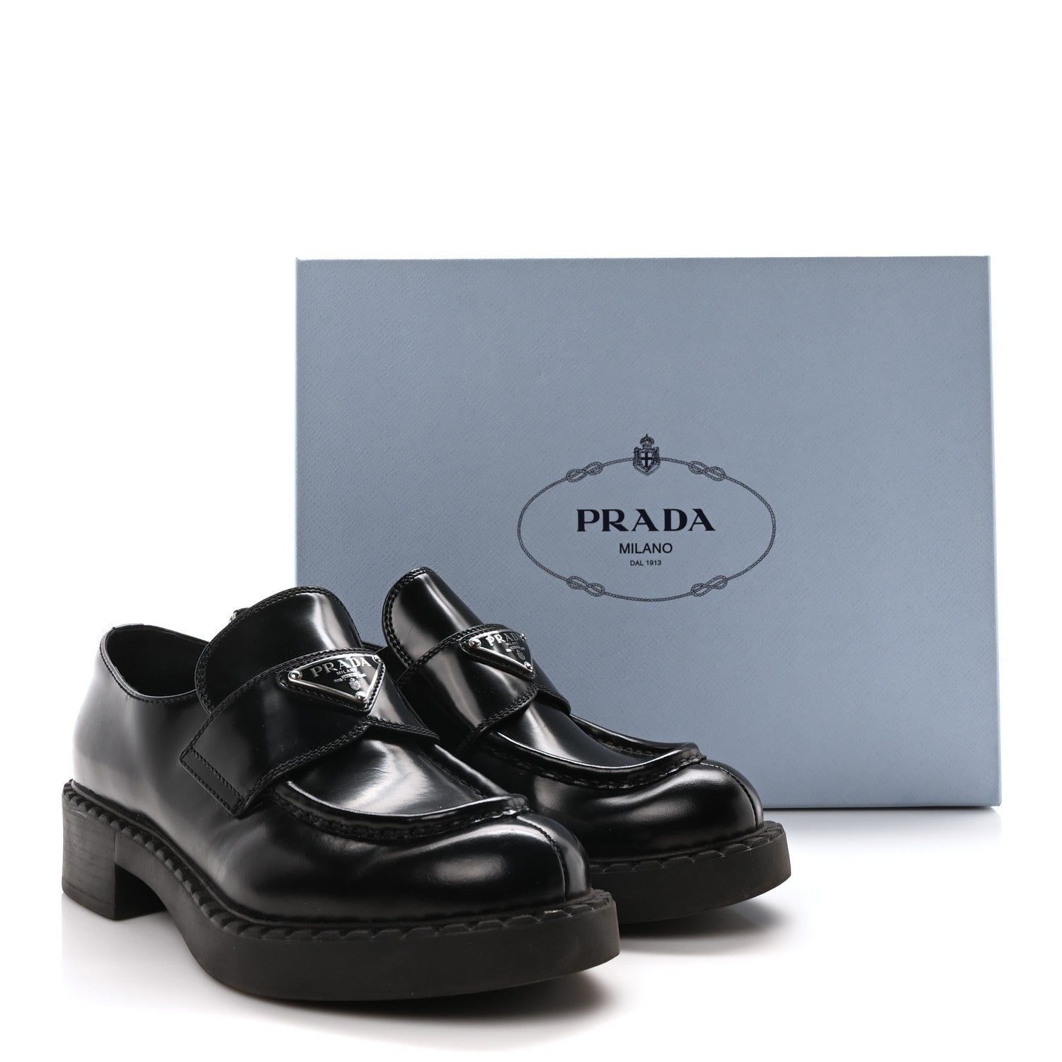 Prada Spazzolato Metal Triangle Logo 50mm Loafers 37 Black 8 of 8