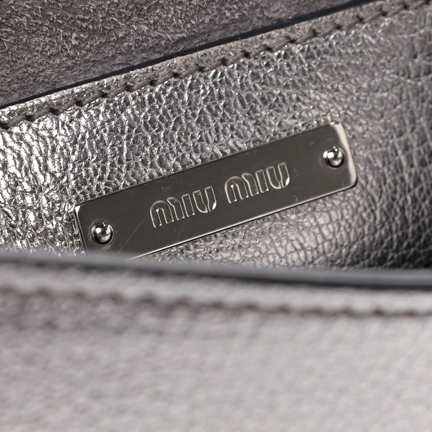 Metallic Goatskin Madras Mini Miu Logo Shoulder Bag Cromo