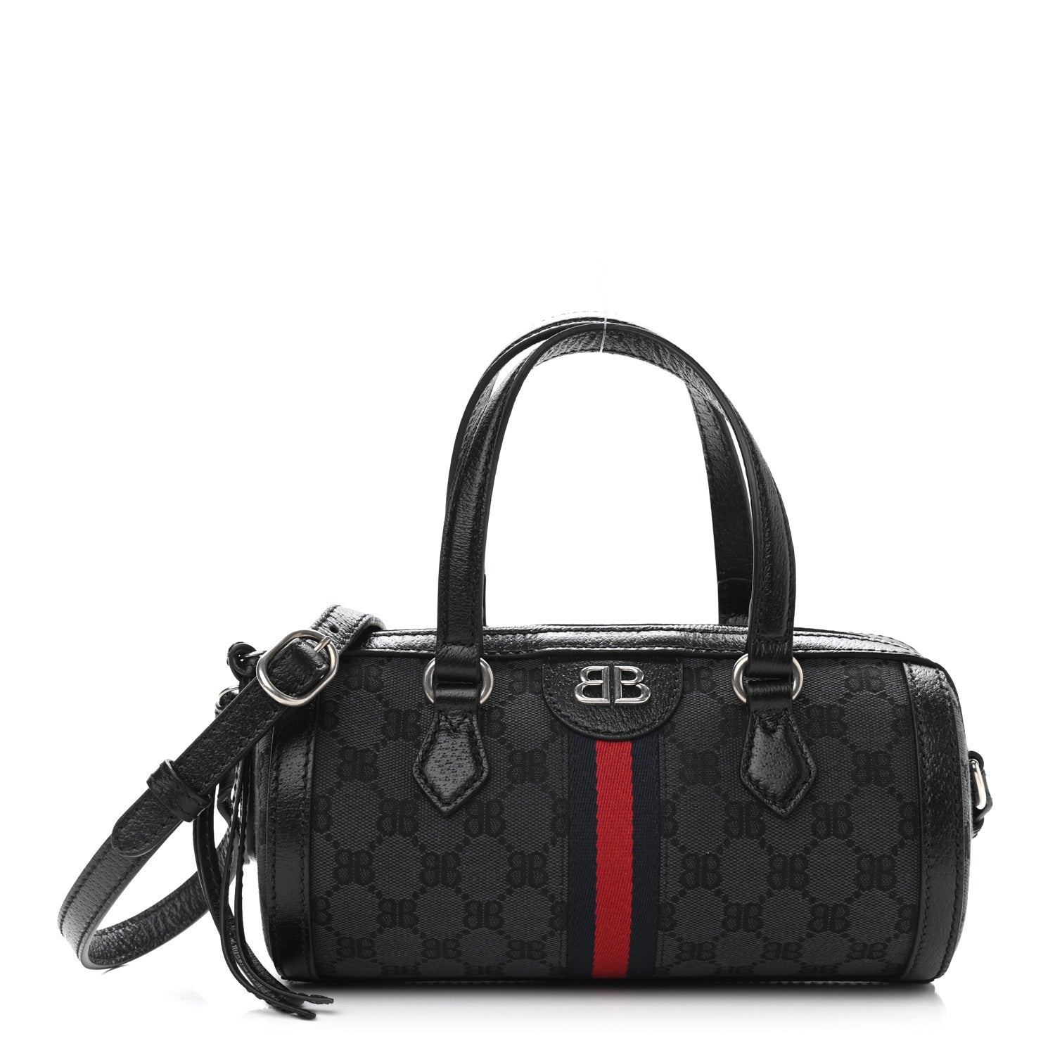 Gucci X BALENCIAGA BB Monogram Web Small Ophidia Boston Bag Black 1 of 8