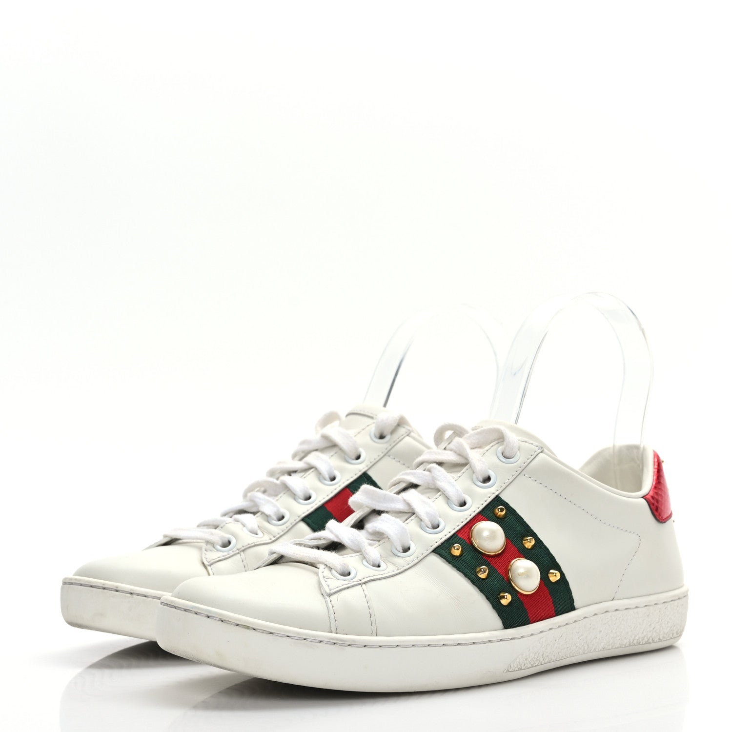 Gucci Calfskin Web Pearl Studded Womens Ace Sneakers 35.5 White 3 of 8