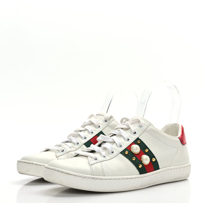 Gucci Calfskin Web Pearl Studded Womens Ace Sneakers 35.5 White 3 of 8