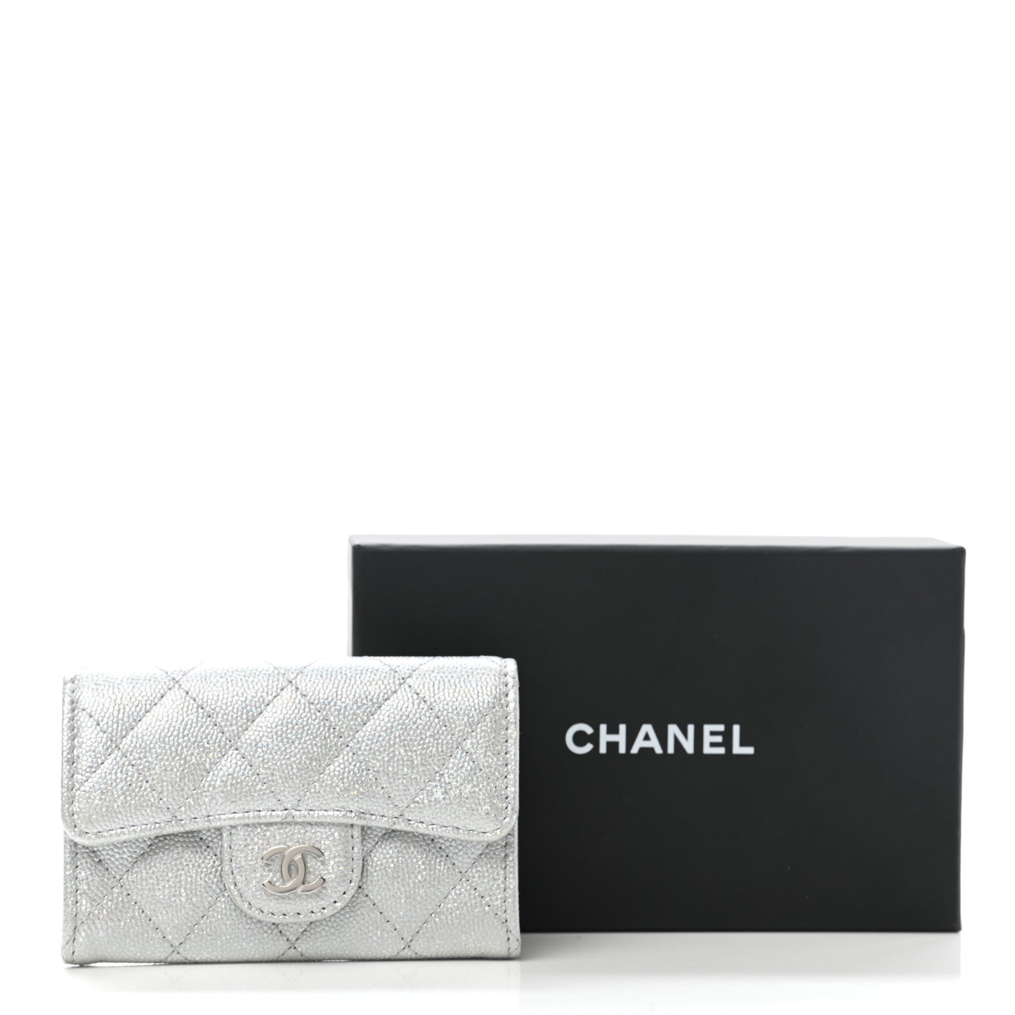 Glittered Metallic Caviar Quilted Flap Card Holder Wallet Silver