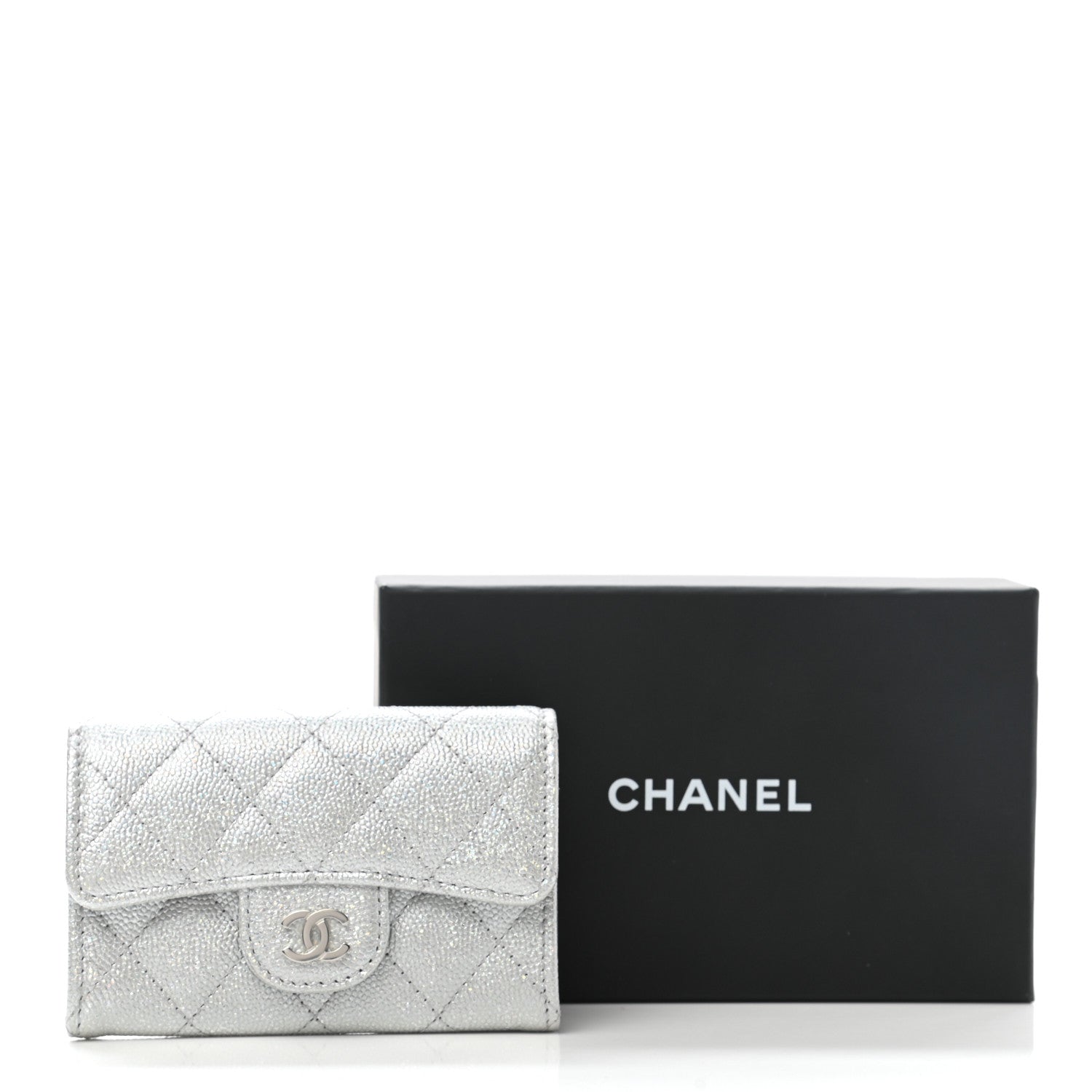 Chanel Glittered Metallic Caviar Quilted Flap Card Holder Wallet Silver 9 of 9