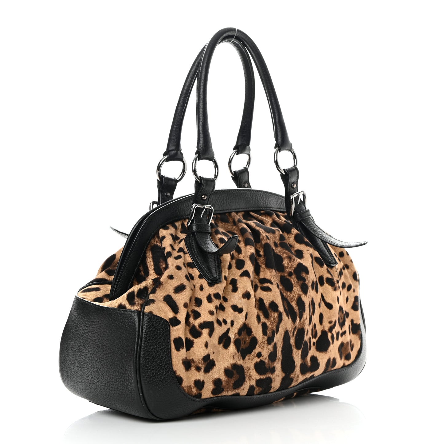 Calfskin Canvas Leopard Print Animalier Shoulder Bag Black
