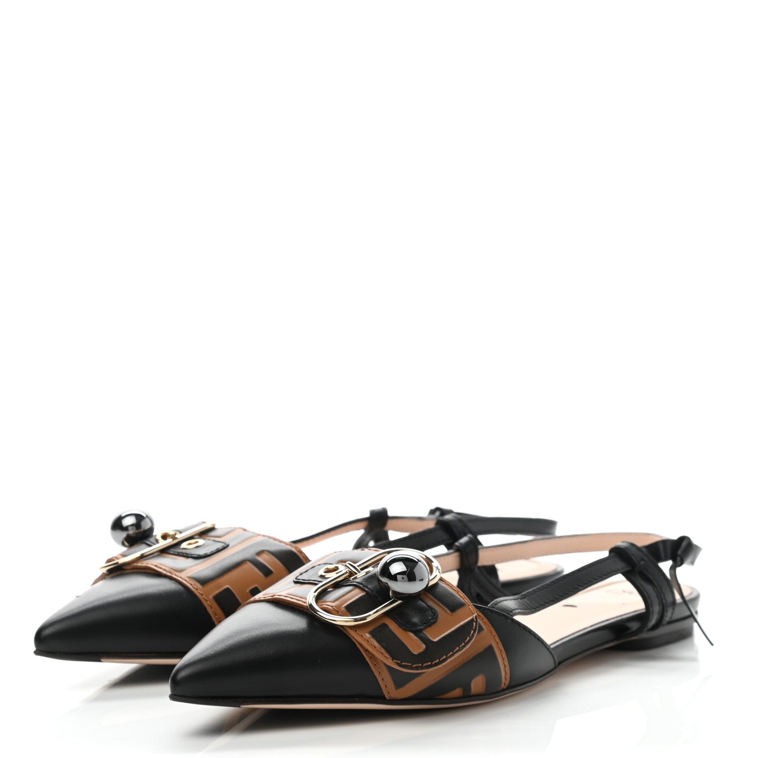 Fendi Vitello FF Embossed Pearland Decollete Aperta Slingback Flats 38 Black Tobacco Moro 3 of 7