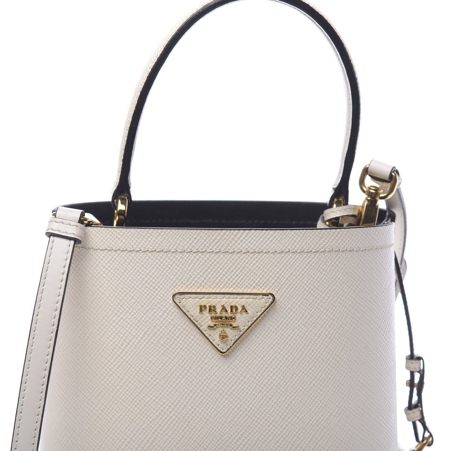 Saffiano Cuir Calfskin Small Panier Bucket Bag White Black