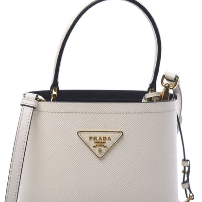 Prada Saffiano Cuir Calfskin Small Panier Bucket Bag White Black 7 of 12