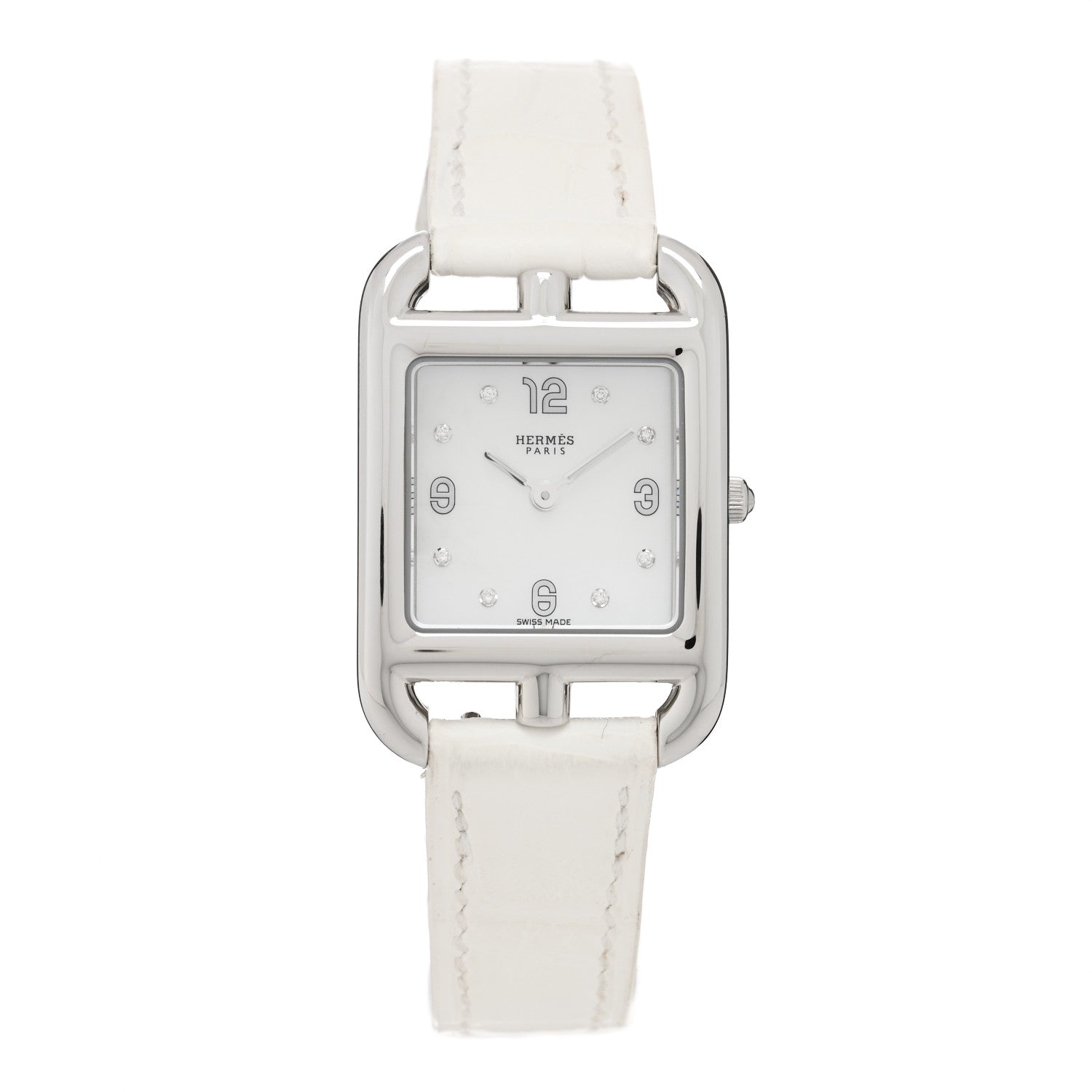 Hermes Stainless Steel Alligator Diamond Mother of Pearl 23mm Cape Cod Quartz Watch Blanc 1 of 5