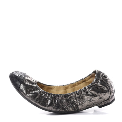 Chanel Metallic Crackled Calfskin CC Elastic Cap Toe Ballerina Flats 35 Dark Brown Black 1 of 7