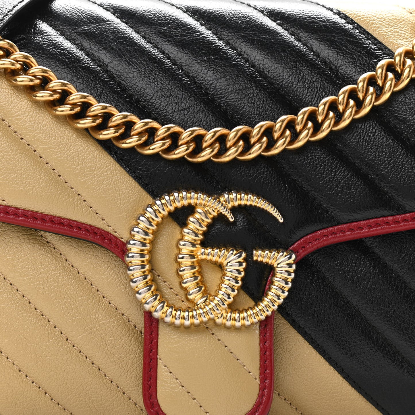 Vintage Effect Calfskin Matelasse Diagonal Striped Small Torchon GG Marmont Shoulder Bag Black Beige