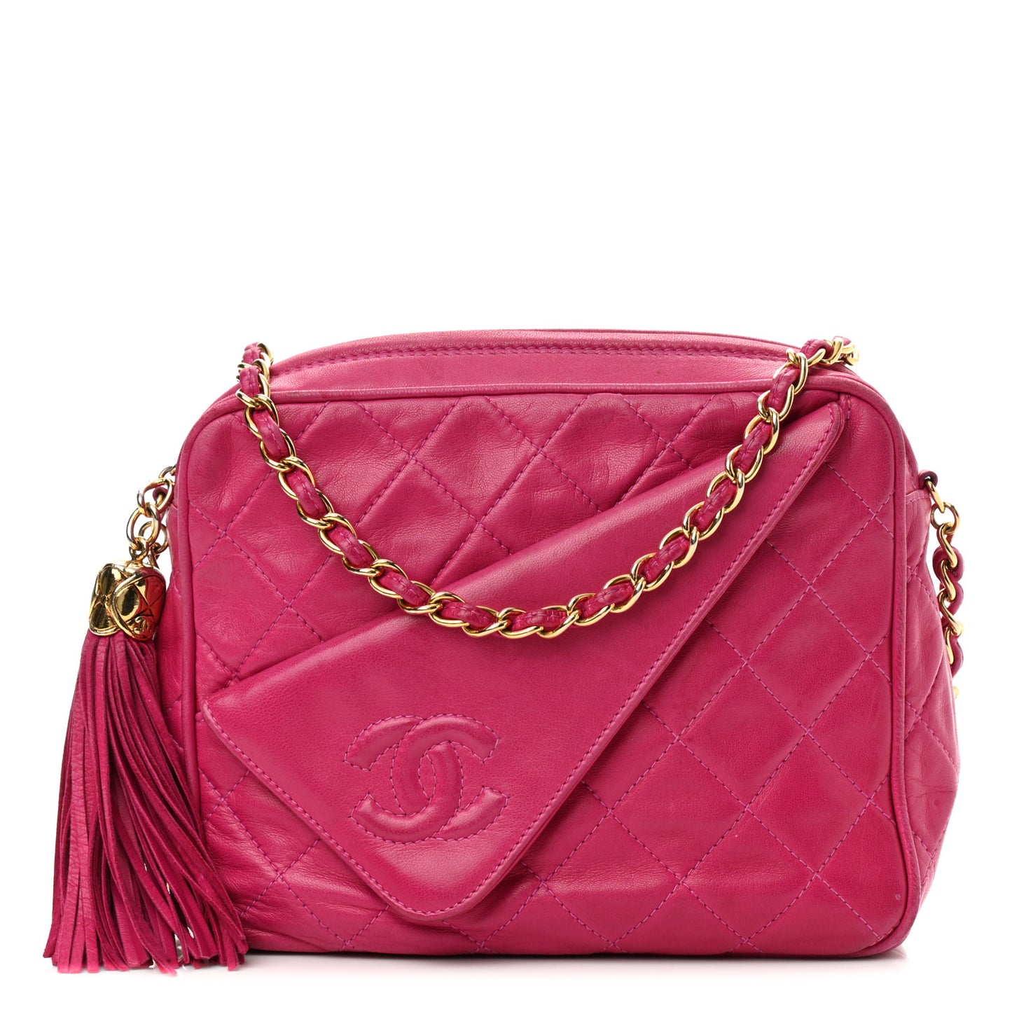 Lambskin Quilted Flap Tassel Camera Case Fuchsia