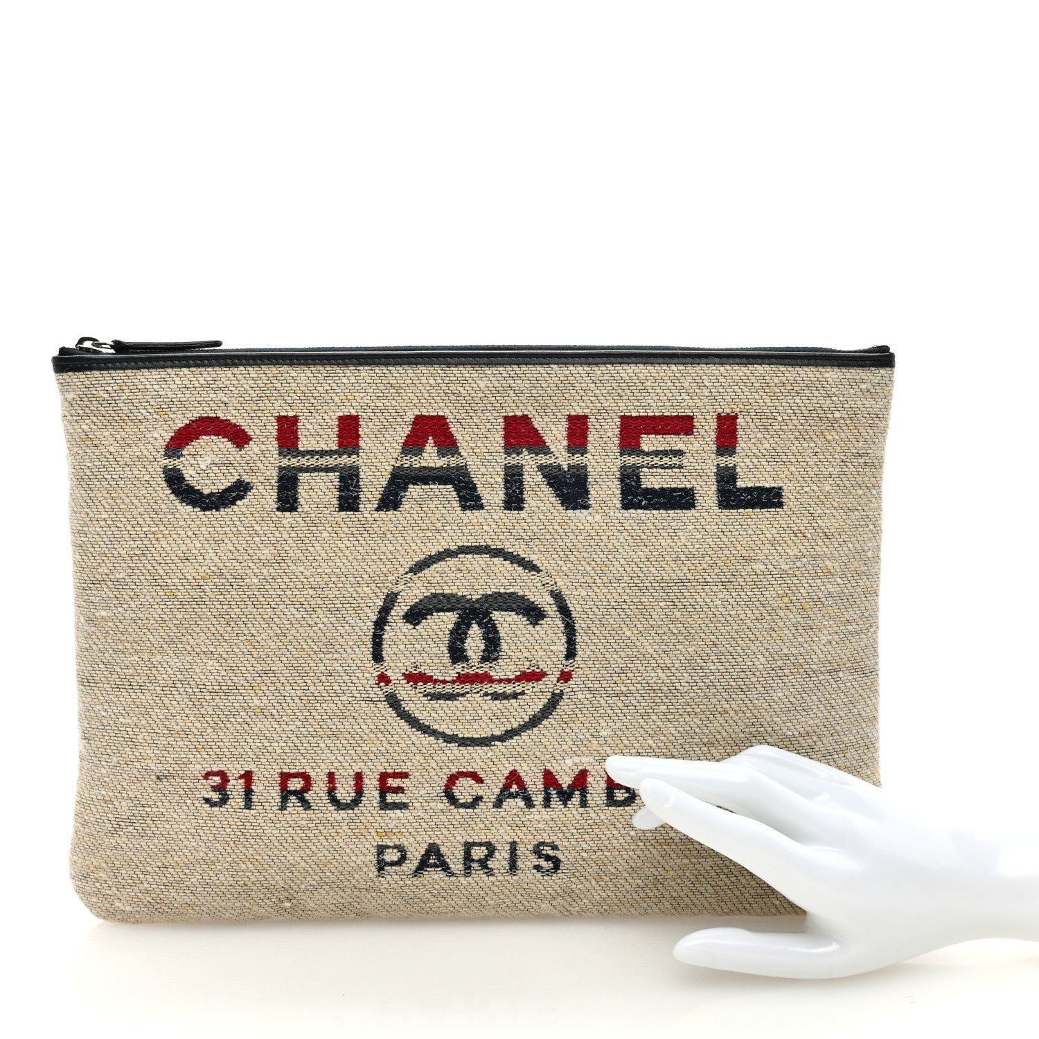 Chanel Striped Canvas Deauville Pouch Clutch Beige 2 of 7