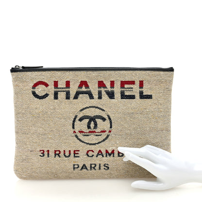 Chanel Striped Canvas Deauville Pouch Clutch Beige 2 of 7