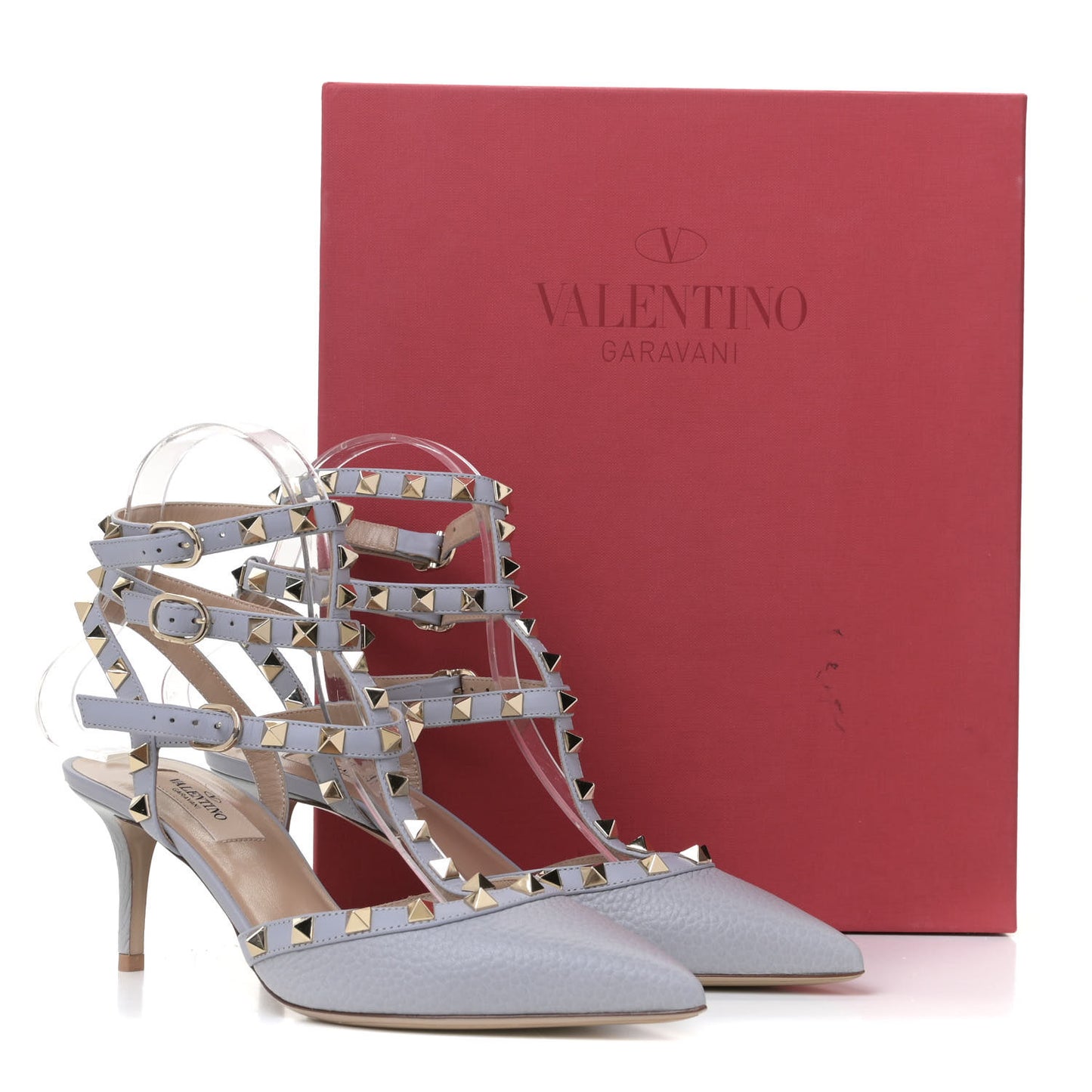 Pebbled Calfskin Rockstud Ankle Strap 65mm Pumps 37.5 Pastel Grey