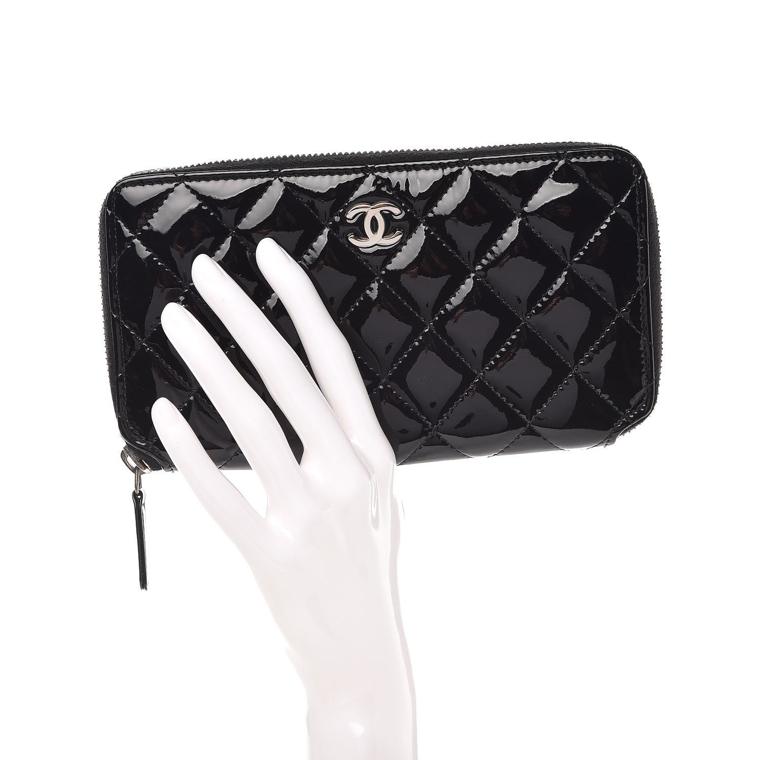 Chanel Patent Quilted Zip Around Wallet Black 2 of 9