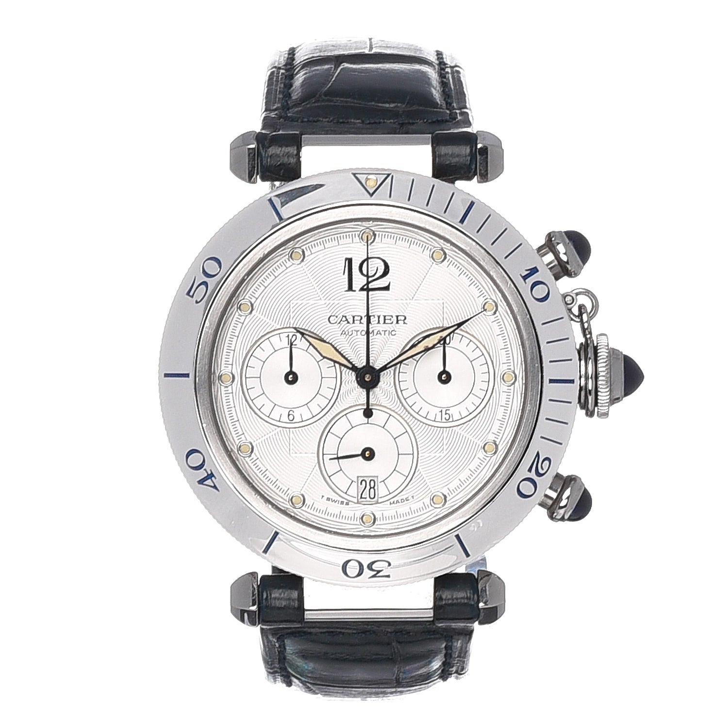 Cartier Stainless Steel Alligator 38mm Pasha C Chronograph Automatic Watch Blue 1 of 10