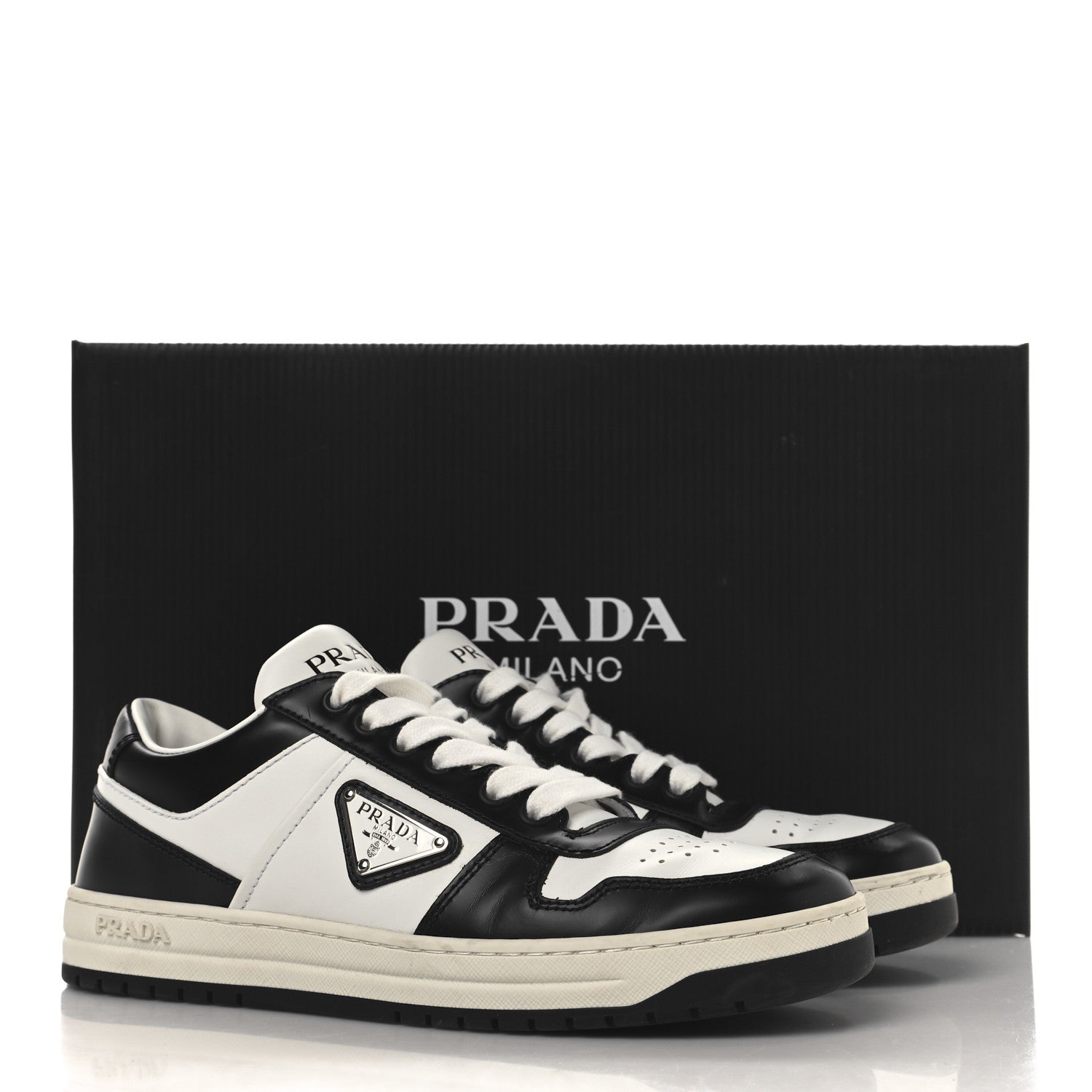 Prada Vitello Sport Spazzolato Rois Triangle Logo Womens Downtown Low Top 30mm Sneakers 37 White Black 10 of 10