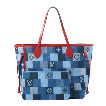 Louis Vuitton Denim Damier Monogram Patchwork Neverfull Blue Rouge 1 of 10